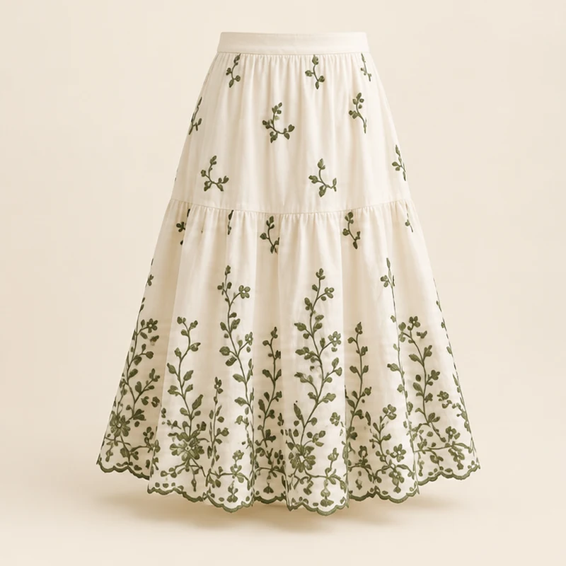 Ivory with green embroidery Orchard Embroidered Skirt, front view