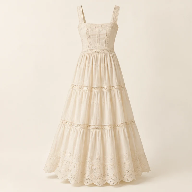 Cream Petaline Lace-Trim Maxi Dress, front view